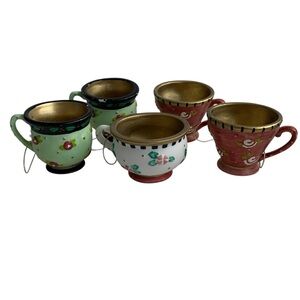 MARY ENGELBREIT  Vintage 1999 Christmas Tea Cup Hanging Holiday Ornaments 5pc